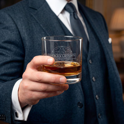 Engraved Whiskey Glass 10.5oz — The Black Labyrinth Logo